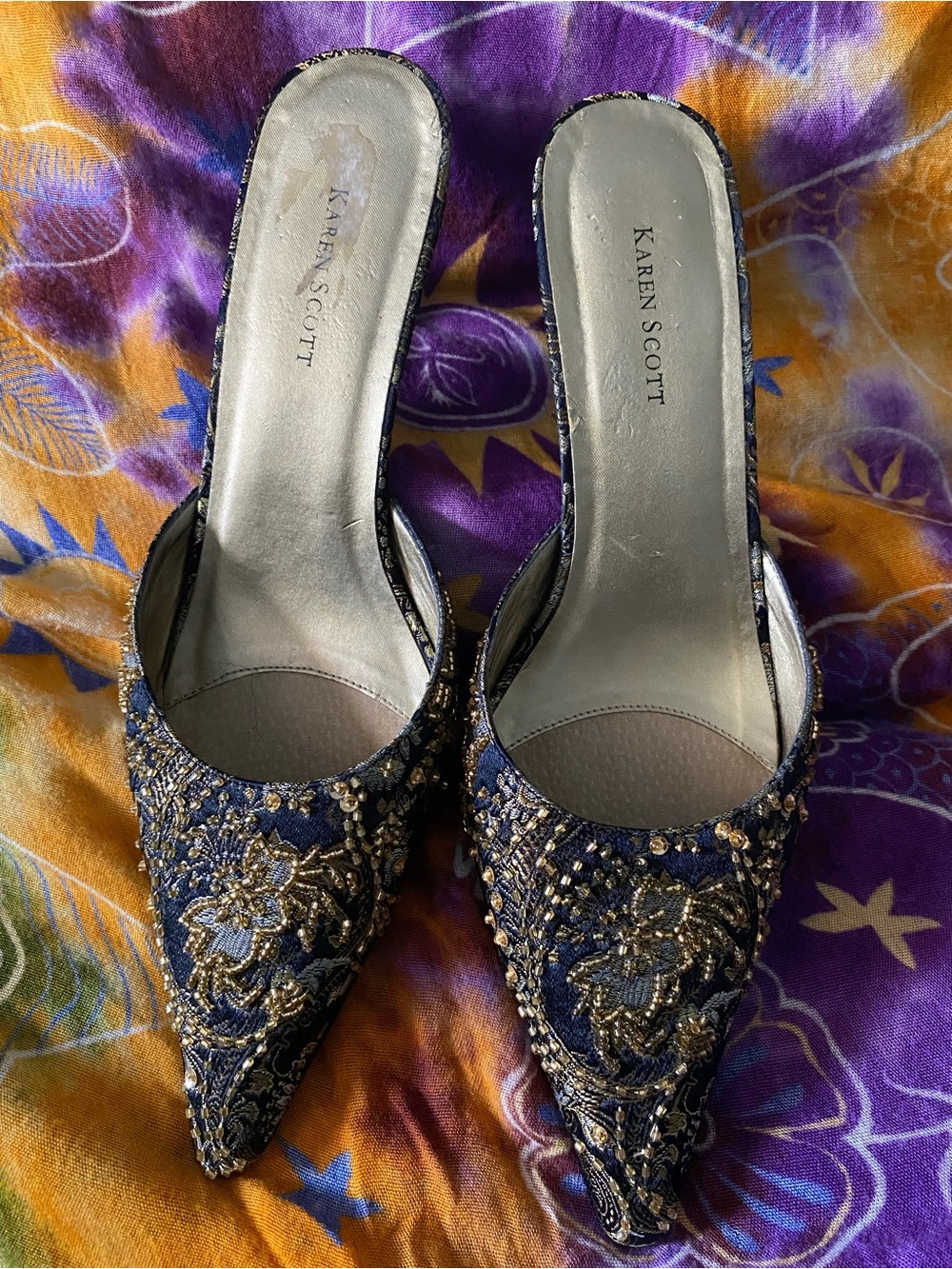 Karen Scott Navy and Gold Embellished Pointed-Toe Slide Mules